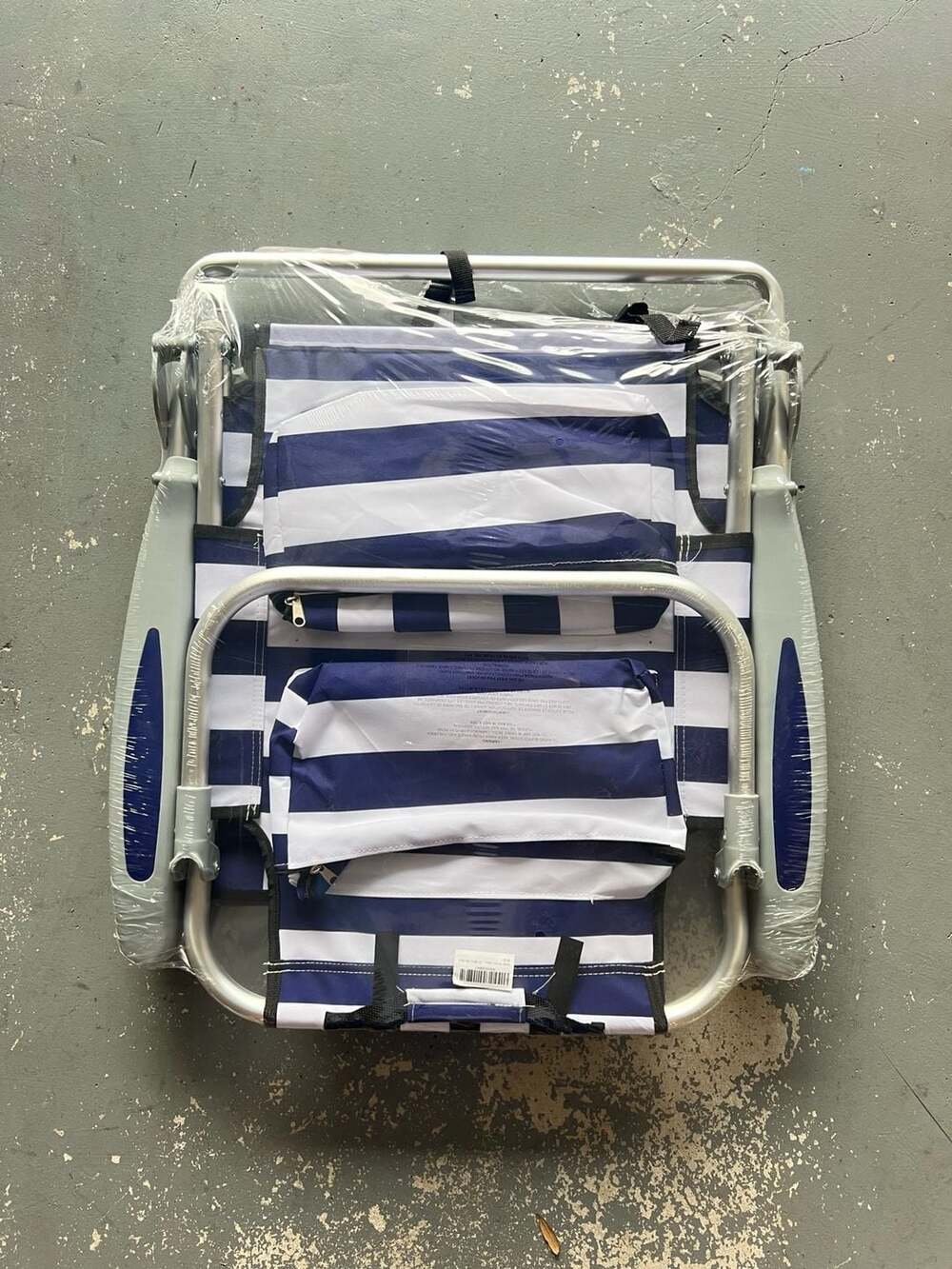 Blue and White Striped Aluminum Backpack Beach Chair with Storage Pockets